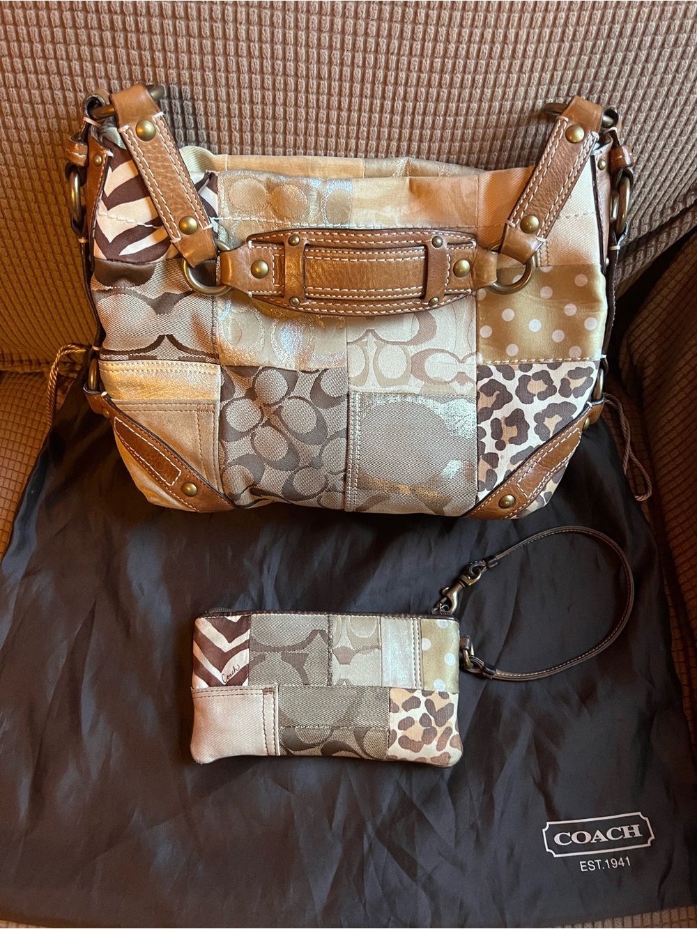Coach Patchwork Signature Shoulder Bag in Beige and Brown